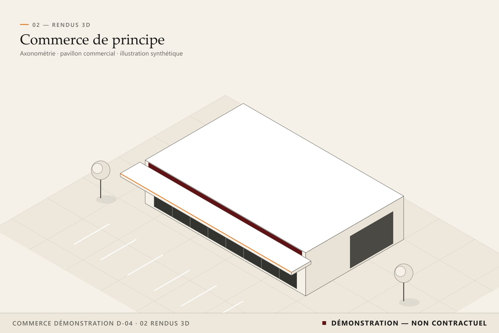 Axonométrie synthétique d’un pavillon commercial fictif : grande vitrine, auvent, bandeau bordeaux sans enseigne et stationnement.