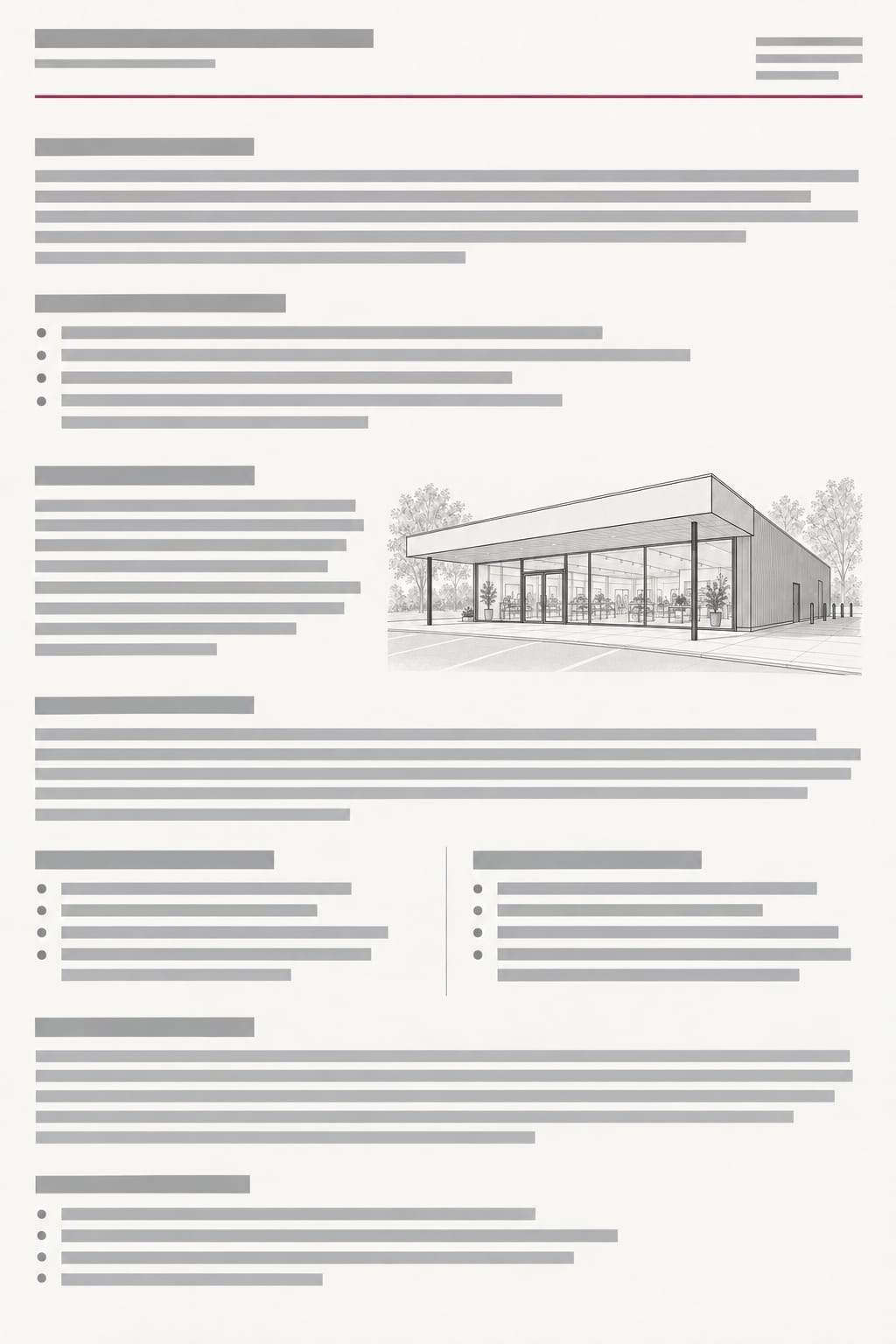 Page fictive d’une note d’étude : titres, paragraphes et listes neutres, sans date, sans chiffre, sans signature ni tampon.
