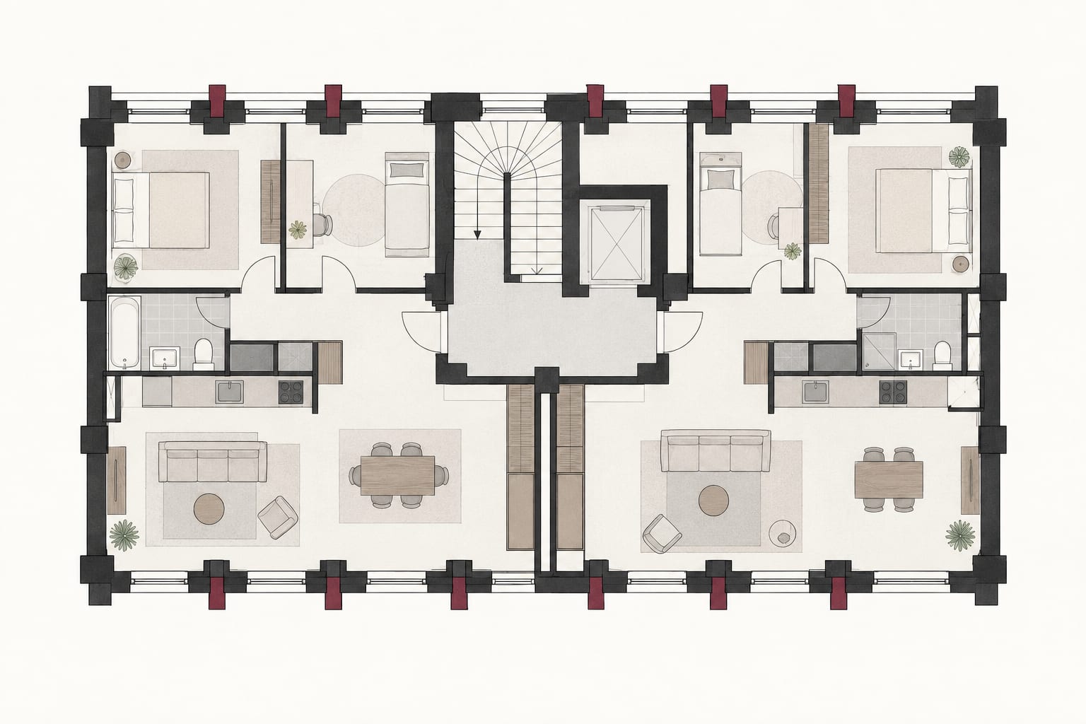 Plan de principe fictif d’un étage courant : noyau d’escalier et d’ascenseur au centre, deux logements de part et d’autre, trame de poteaux.