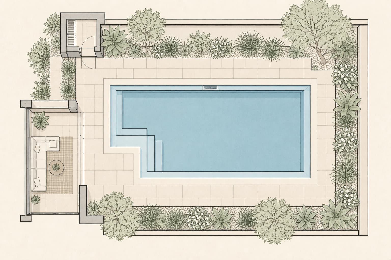 Plan de principe fictif d’un bassin et de sa plage : emprise du bassin, marches d’angle, fosse, local technique et accès depuis la terrasse.