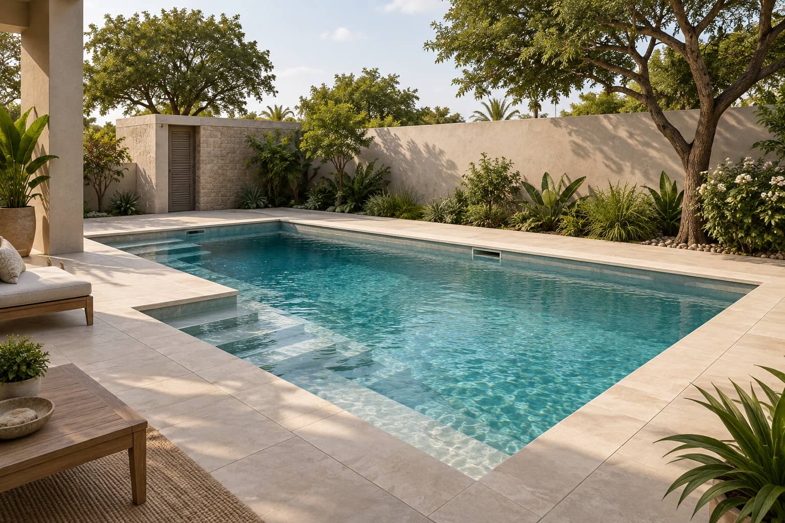 Rendu 3D fictif d’un bassin de jardin : plage dallée claire, margelles au niveau de la terrasse, mur bas et arbres d’ombrage.