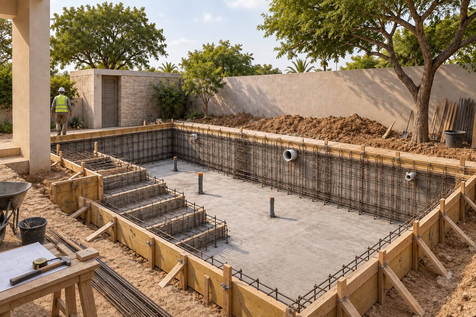 Scène de chantier fictive : parois d’un bassin en coffrage, ferraillage en attente et réservations des équipements, sans personne identifiable.