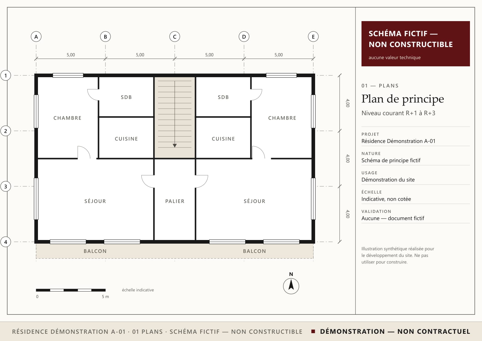 Plan schématique fictif d’un niveau courant : deux logements symétriques autour d’un escalier central, trame A à E et 1 à 4, balcons en façade.
