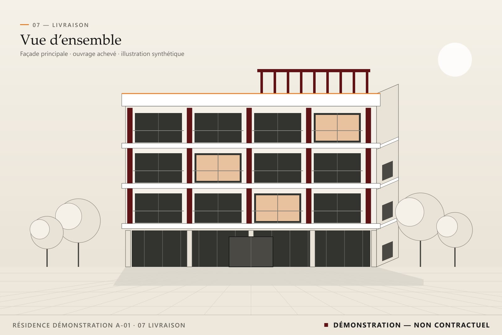 Vue synthétique de l’immeuble fictif achevé : rez-de-chaussée vitré, trois étages clairs rythmés de lames bordeaux et pergola en toiture, entre des arbres stylisés.
