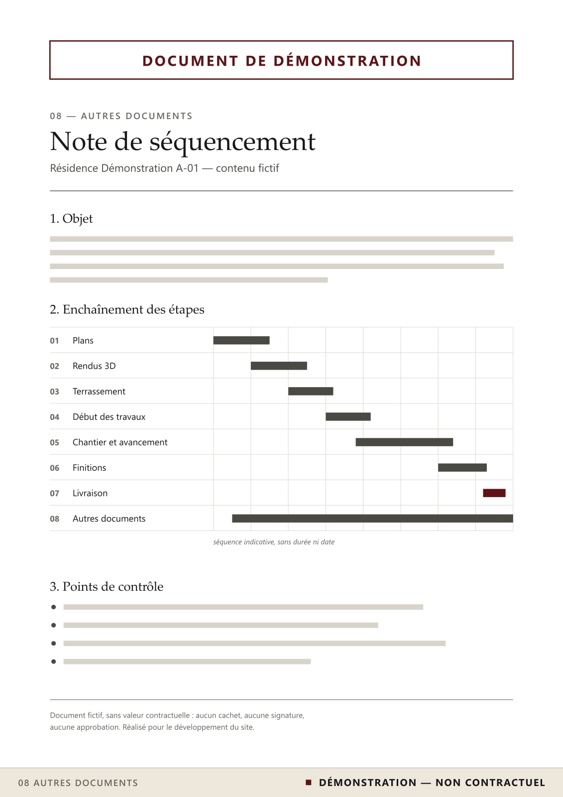 Page d’une note de séquencement fictive présentant l’enchaînement indicatif des huit étapes du projet, sans date ni durée.