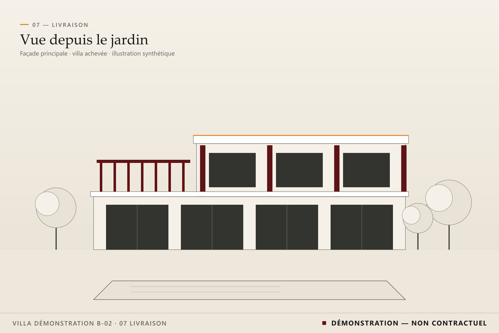 Vue synthétique d’une villa fictive achevée depuis le jardin : rez-de-chaussée vitré, étage à lames bordeaux, pergola et bassin.